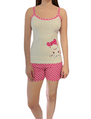 INNA Dámské bavlněné pyžamo ecru puntíkované růžové kraťasy L/XL