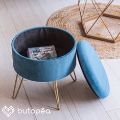 Taburet s úložným prostorem, zlaté nohy, modře barvy - BUTOPEA