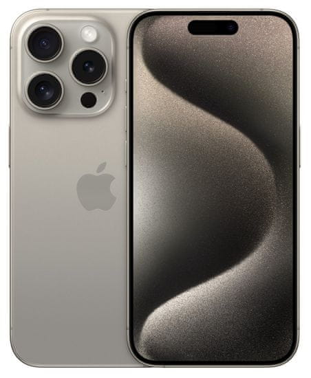 Apple iPhone 15 Pro, supervýkonný procesor, strojové učení, A17 Pro, velký displej, trojitý zadní ultraširokoúhlý fotoaparát, přední fotoaparát, 48 Mpx, 12 Mpx, IP68, voděodolný, Face ID, Dolby Atmos