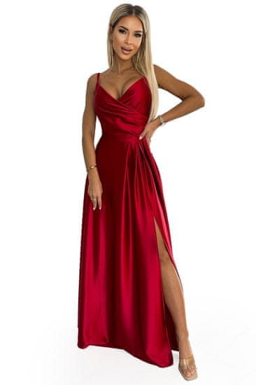 Numoco CHIARA saténové dlouhé šaty na ramínka červená S