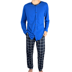 LA PENNA Pánské bavlněné pyžamo dlouhé kostkované kalhoty dlouhý rukáv knoflíky modrá XXL