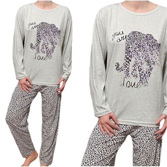 INNA Dámské pyžamo šedá opuka dlouhý rukáv fialový panter