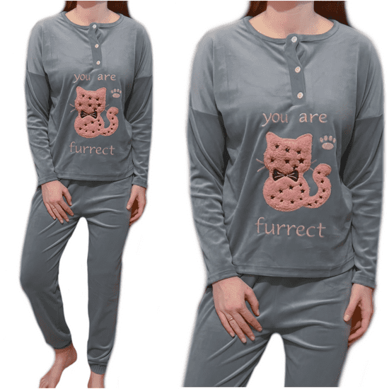 INNA Dámské pyžamo velurové šedé dlouhé kalhoty kočka