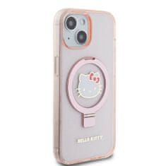 HELLO KITTY obal na iPhone 15 6.1" Pink IML Ringstand Glitter Head Logo MagSafe