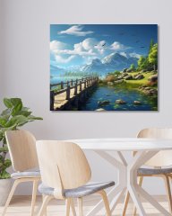 ZUTY Obrazy na stěnu - Dřevěný most přes horské jezero 40x50 cm bez rámu a bez vypnutí plátna