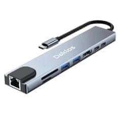 Daklos Rozbočovač a adaptér 8 v 1 USB C - 2x USB-C, 4K HDMI, 2x USB, LAN RJ45, micro SD, SD