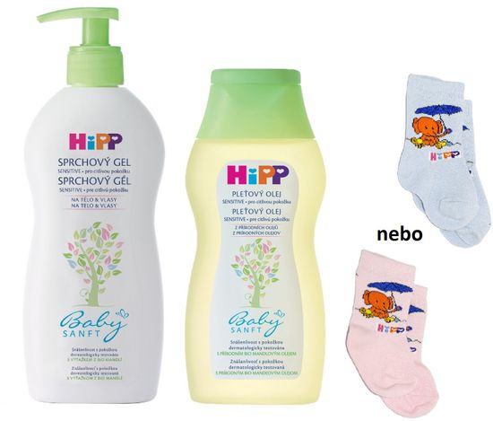 HiPP Babysanft Sprchový gel 400ml + Přírodní pleťový olej 200ml + Kojenecké ponožky 1 pár