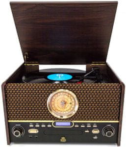 Bluetooth minisystém gpo retro chesterton retro vzhled design gramofon 3 rychlosti otáček cd mechanika kazety fm am dab rádio mp3 usb reproduktory