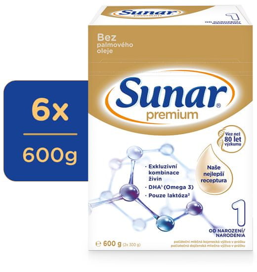 Sunar Premium 1, počáteční kojenecké mléko, 6x600g