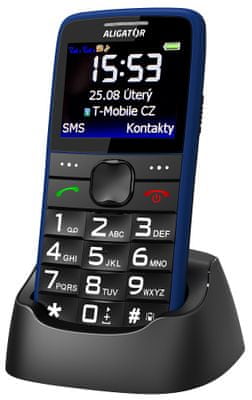 Aligator A675 Senior, mobil pro seniory, velká tlačítka, SOS tlačítko, fotokontakty, jednoduché ovládání, nabíjecí stojánek, jednoduché obrázkové menu, mobil pro důchodce