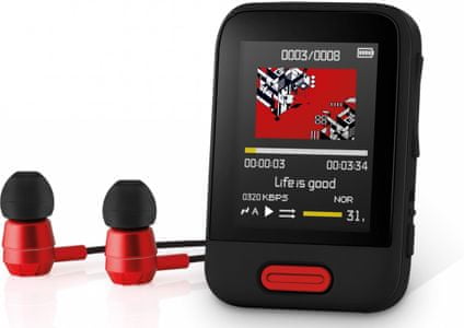 moderní Bluetooth mp3 přehrávač kartový sencor sfp 7716 slot pro microSD kartu 16 gb vnitřní paměti sluchátka v balení digitální fm tuner tft displej