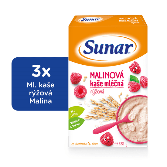 Sunar malinová kaše mléčná rýžová 3 x 225 g