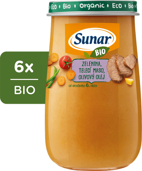 Sunar BIO příkrm zelenina, telecí maso, olivový olej 6 x 190 g
