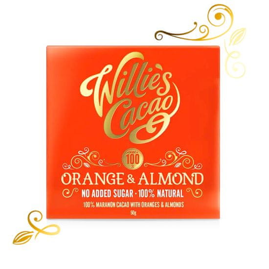 Willies Cacao 100% čokoláda bez přidaného cukru s pomerančem a mandlemi, 50g