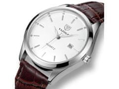 ORNATE Elegantní pánské hodinky - stříbrné s hnědým páskem