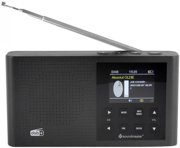 moderní radiopřijímač soundmaster DAB165SW dobrý zvuk fm dab plus tuner napájení z baterie podsvícený displej sluchátkový výstup funkce sleep stmívač displeje