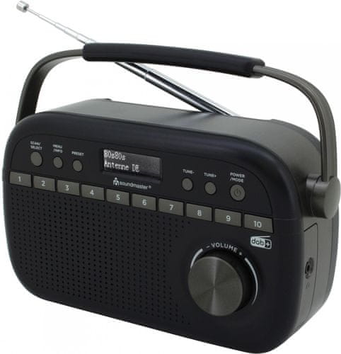 moderní radiopřijímač soundmaster DAB280SW dobrý zvuk fm dab plus tuner napájení elektřinou nebo z baterií podsvícený displej sluchátkový výstup funkce snooze sleep budík