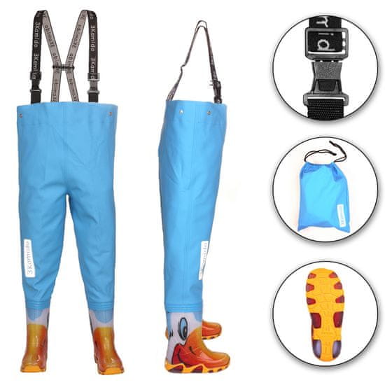 3Kamido Dětské brodící kalhoty modrá kachňata - nastavitelný pás, odolný postroj, spona FixLock Nexus, ochranný oblek, prsačky, kalhotoboty, rybářské kalhoty pro děti, brodící kalhoty pro teenagery 20 - 35 EU