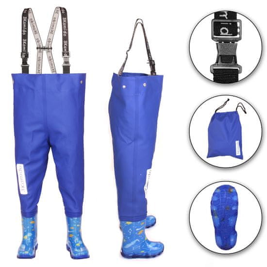 3Kamido Dětské brodící kalhoty modrý vesmír - nastavitelný pás, odolný postroj, spona FixLock Nexus, ochranný oblek, prsačky, kalhotoboty, rybářské kalhoty pro děti, brodící kalhoty pro teenagery 20 - 35 EU