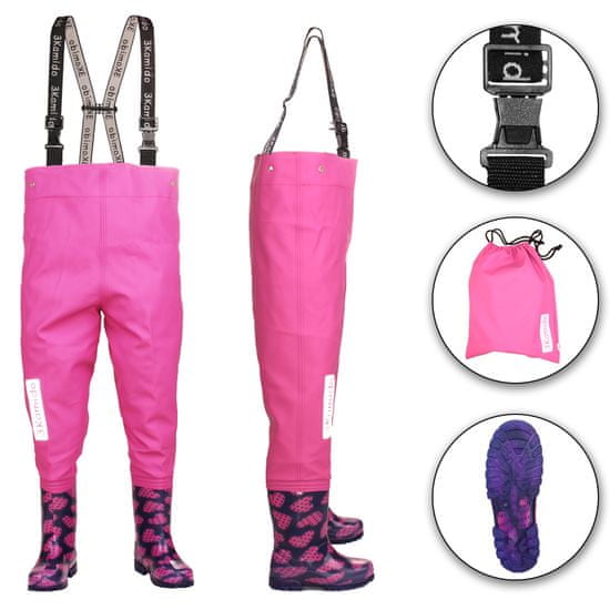 3Kamido Dětské brodící kalhoty růžové srdce - nastavitelný pás, odolný postroj, spona FixLock Nexus, ochranný oblek, prsačky, kalhotoboty rybářské kalhoty pro děti, brodící kalhoty pro teenagery 20 - 35 EU