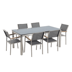 Beliani Sada zahradního nábytku stůl se skleněnou deskou 180 x 90 cm 6 šedých židlí GROSSETO