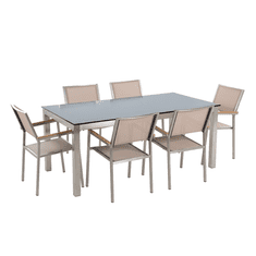 Beliani Sada zahradního nábytku stůl se skleněnou deskou 180 x 90 cm 6 béžová židle GROSSETO