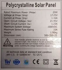 HADEX Fotovoltaický solární panel 12V/20W polykrystalický 500x350x25mm