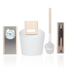 Topsauna Set do sauny - Vědro, naběračka, teploměr s vhkoměrem, přesýpací hodiny, dřevo/hliník - bílý