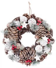 MAGIC HOME Věnec Vánoce přírodní, s bílými šiškami, závěsný, 37x9x37 cm
