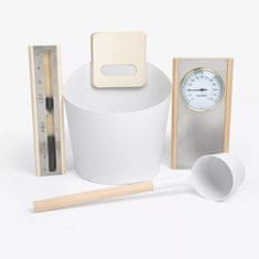 Topsauna Set do sauny - Vědro, naběračka, teploměr s vhkoměrem, přesýpací hodiny, dřevo/hliník - bílý