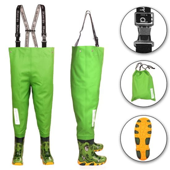 3Kamido Dětské brodící kalhoty zelené krokodýly - nastavitelný pás, odolný postroj, spona FixLock, ochranný oblek, prsačky, kalhotoboty, rybářské kalhoty pro děti, brodící kalhoty pro teenagery 20 - 35 EU