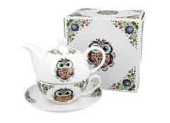 Duo Porcelánový šálek na čaj s konvičkou a podšálkem v dárkové krabičce SOVA ETNO - 350 ml, 310 ml
