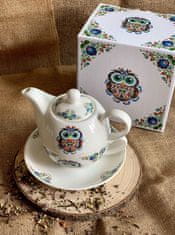 Duo Porcelánový šálek na čaj s konvičkou a podšálkem v dárkové krabičce SOVA ETNO - 350 ml, 310 ml