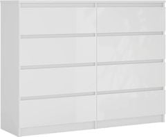 3E 3xE living.com Moderní komoda DEMII v jednoduchém stylu do ložnice, obývacího pokoje nebo dětského pokoje s 8 zásuvkami, bílá mat / bílý lesk, 120 cm