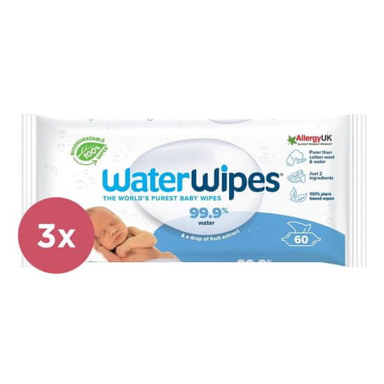 WaterWipes 3x Vlhčené obrousky bez obsahu plastů 60 ks (180 ks )