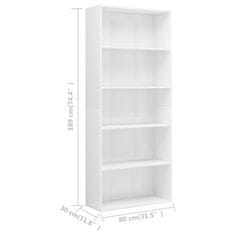 Greatstore 5patrová knihovna bílá s vysokým leskem 80x30x189cm dřevotříska