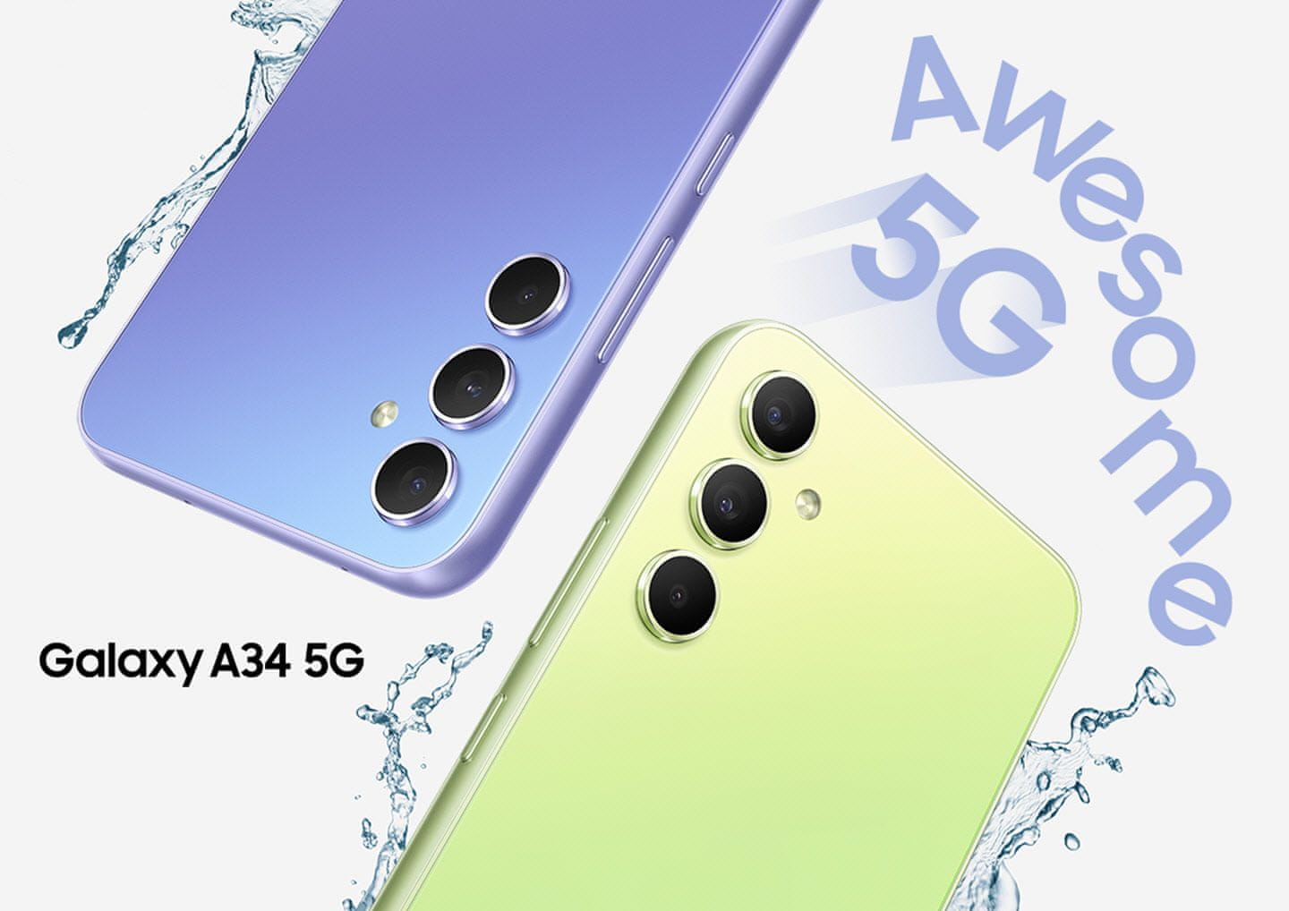 Samsung Galaxy A34 5G, chytrý telefon, vlajková loď 6,5palcový displej AMOLED obnovovací frekvence stabilizace obrazu čtyři fotoaparáty nejrychlejší 5G připojení 5G internet podpora nejrychlejšího připojení Gorilla Glass IP67 NFC