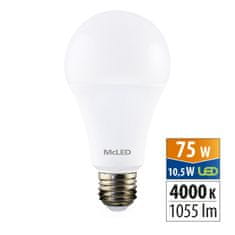 McLED LED žárovka 10,5W, E27, 4000K, CRI80, vyz. úhel 200°, ɸ use 360° 1055lm