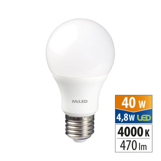 McLED LED žárovka 4,8W, E27, 4000K, CRI80, vyz. úhel 200°, ɸ use 360° 470lm