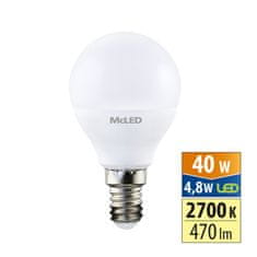 McLED LED žárovka kapka 4,8W, E14, 2700K, CRI80, vyz. úhel 200°, ɸ use 360° 470lm
