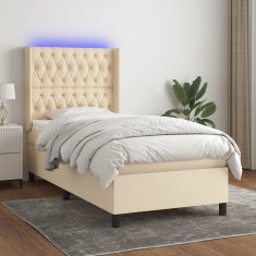 Greatstore Box spring postel s matrací a LED krémová 90x200 cm textil