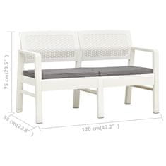 Vidaxl 2místná zahradní lavice s poduškami 120 cm plast bílá
