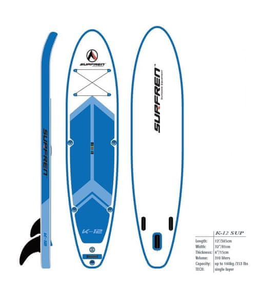 SURFREN Paddleboard K12 12'x32"x6" single layer, single chamber