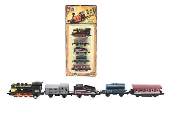 Teddies Vlak/lokomotiva a vagóny 5ks kov/plast 8cm na zpětné natažení 4 druhy