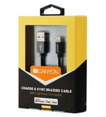 Canyon nabíjecí kabel Lightning MFI-3, opletený, Apple certifikát, délka 1m, černá