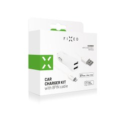 FIXED Set autonabíječky s 2xUSB výstupem a USB/Lightning kabelu, 1 metr, MFI certifikace, 15W Smart Rapid Charge, bílá