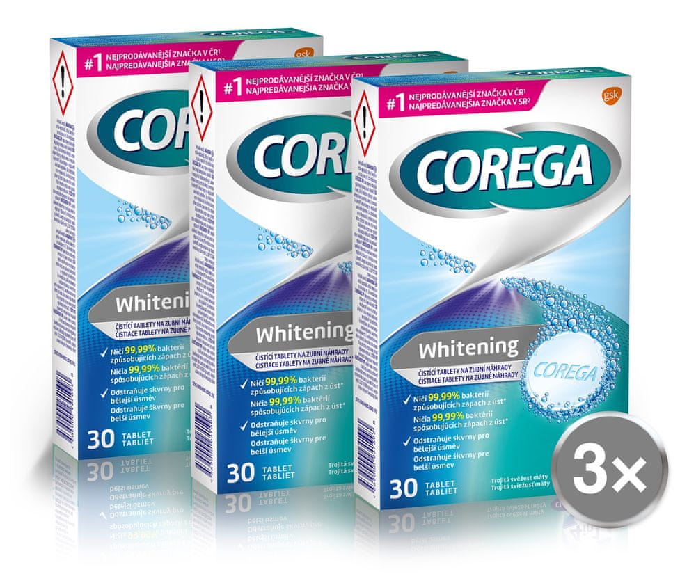 Levně Corega Whitening Antibakteriální tablety pro čištění zubních náhrad 3x30ks
