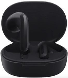 minimalistická Bluetooth sluchátka xiaomi redmi buds 4 dotykové ovládání hlasový asistent výdrž na nabití 5 h ip54 odolnost vodě prachu potu podpora hlasového ovládání skvělý zvuk dynamické měniče nabíjecí box