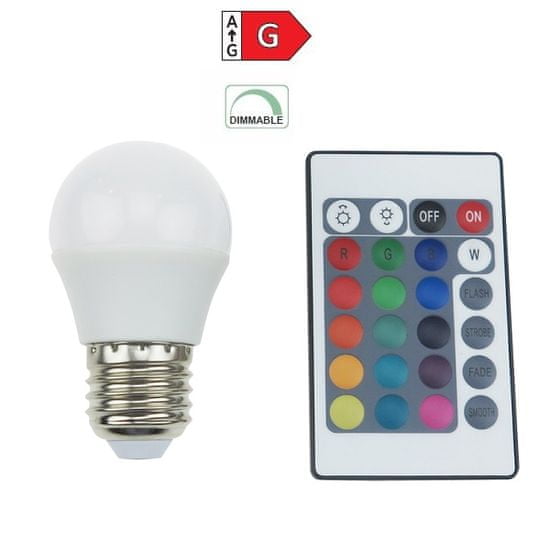 Diolamp  SMD LED žárovka matná Ball P45 4W/230V/E27/RGB+3000K/300Lm/120°/Dim/dálkový ovladač