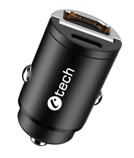 C-Tech Nabíječka USB do auta UCC-02, 1x Type C + 1 x Type A, 30W, Power delivery 3.0, Quick Charge